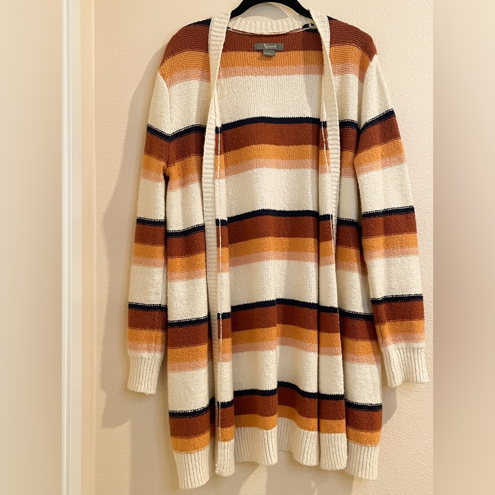 Women’s Ivory Rust Orange Pink Navy Blue Striped Cardigan Multi Color Sweater